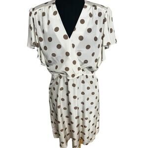 Vintage 90s J J Petite White Tan Polka Dot Sheath Dress 10 Medium Large Ruffles